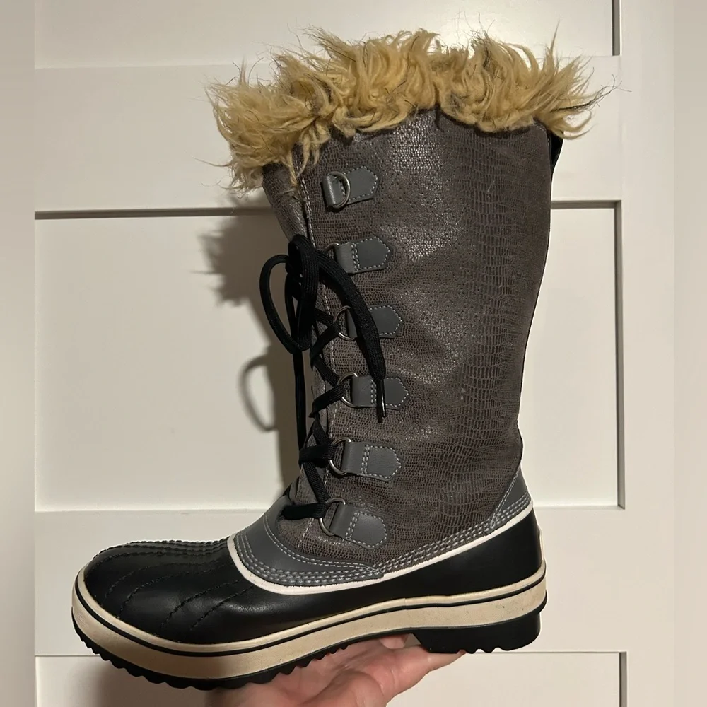 Sorel Grey Joan Of Artic Waterproof Mid Calf Faux Fur Suede Boots Size 8.5